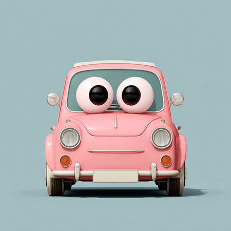 Cute cartoon pink car with eyes on a blue background. 3d renderingの素材