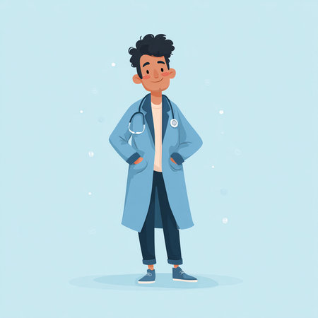 Cartoon doctor character. Vector illustration in a flat style on a blue background.の素材