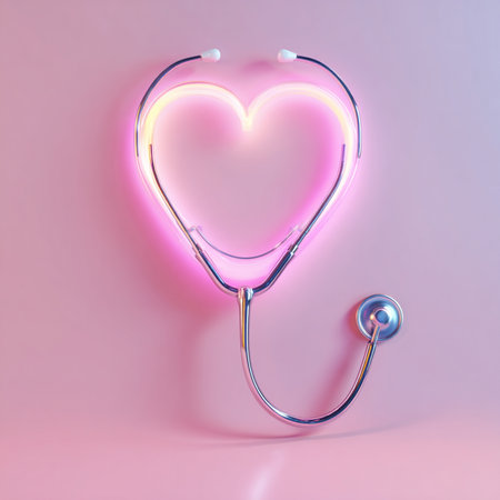 Stethoscope in the form of a heart on a pink backgroundの素材