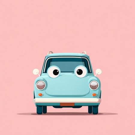 Cute cartoon car with funny face on pink background. Vector illustrationの素材