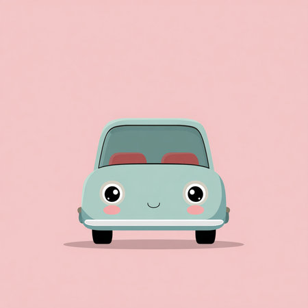 Cute cartoon car on pastel pink background. Vector illustration.の素材