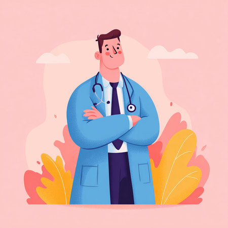 Vector illustration of doctor in medical coat and stethoscope standing with crossed arms.の素材