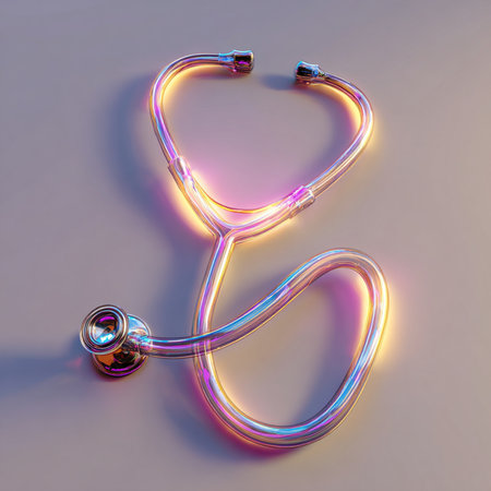 Stethoscope in neon light. 3D rendering. Computer digital drawing.の素材