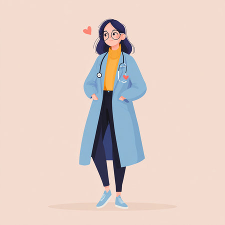 Young woman in coat and glasses with stethoscope. Vector illustration.の素材