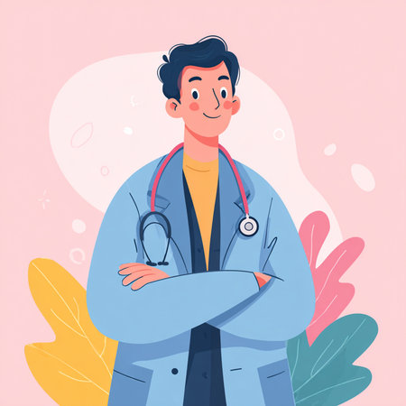 Male doctor character with stethoscope. Cartoon flat vector illustration.の素材