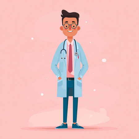 Male doctor cartoon character with stethoscope and glasses vector illustration.の素材