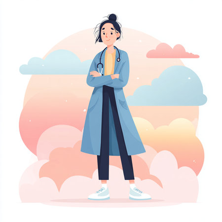 Female doctor in coat and stethoscope standing with crossed arms on background of sky and clouds vector illustrationの素材