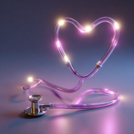 Stethoscope with glowing heart on dark background. 3D renderingの素材