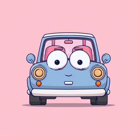 Cute cartoon car character. Vector illustration isolated on pink background.の素材