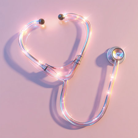 Stethoscope in the shape of a heart on a pink backgroundの素材