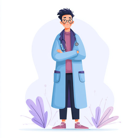 Young male doctor with stethoscope and glasses. Vector illustration in cartoon styleの素材