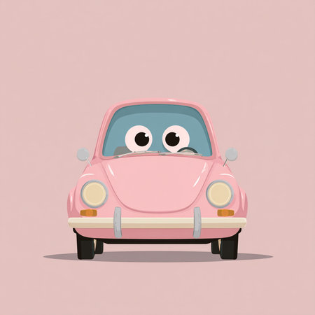Cute cartoon car with eyes and mouth. Vector illustration on pink background.の素材