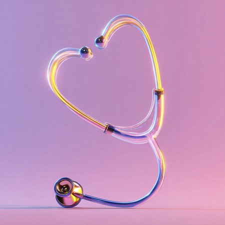 Stethoscope in the shape of a heart on a pink backgroundの素材