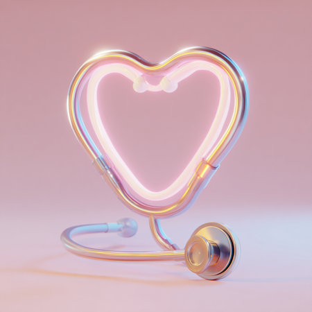 Stethoscope in shape of heart on pink background. 3d illustrationの素材