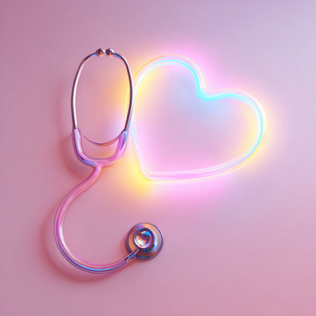 Stethoscope and heart shape on a pink background. 3d renderingの素材
