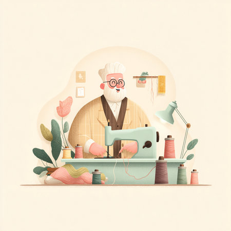 Vector illustration of a tailor working on sewing machine in his workshop.の素材