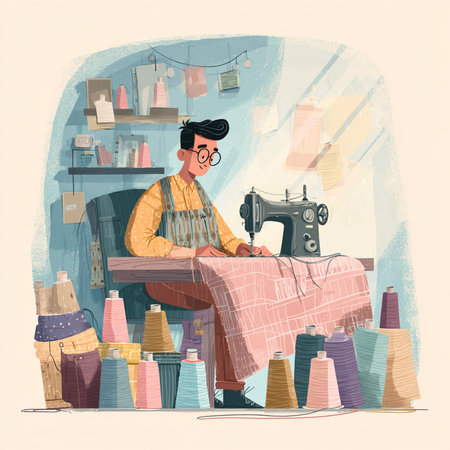 Vector illustration of a tailor with a sewing machine. Vintage styles.の素材