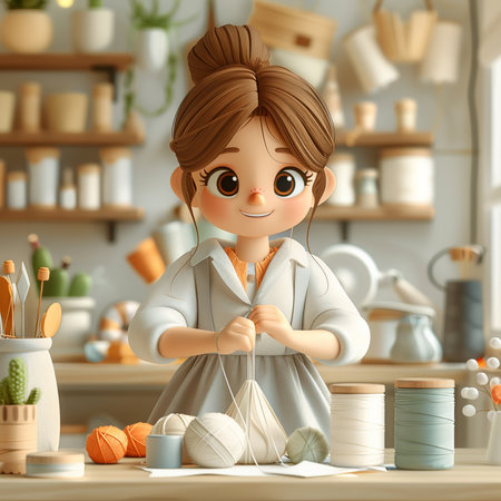3d rendering of a cute little girl knitting in the kitchen.の素材