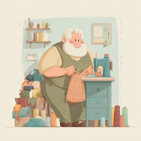 Old man in the sewing room. Vector illustration in retro style.の素材