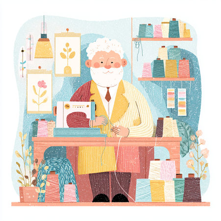 Elderly man knitting at home. Hand drawn vector illustration.の素材