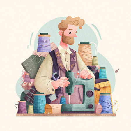 Illustration of a tailor working on a sewing machine. Sewing concept.の素材
