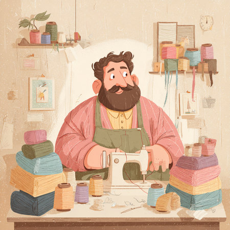 Sewing workshop. Sewing machine and man. Vector illustration.の素材