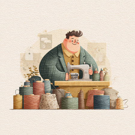 Sewing concept. Hand drawn illustration of a tailor working in his workshop.の素材