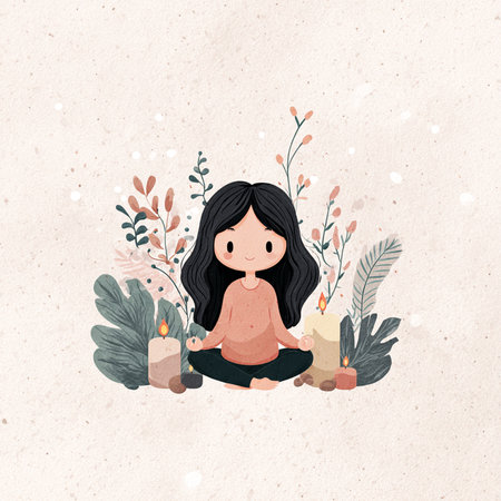 Cute girl meditating in lotus pose, hand drawn vector illustrationの素材
