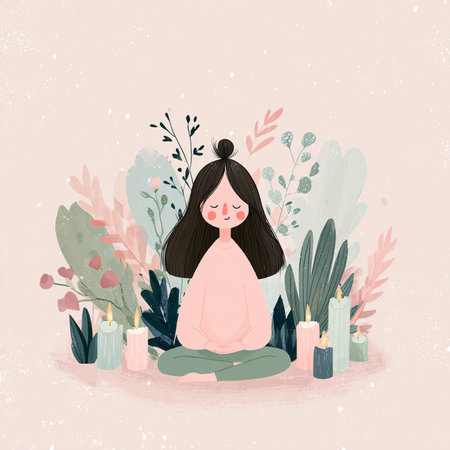 Cute girl meditating in lotus pose. Vector illustration.の素材