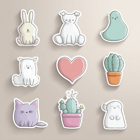 Set of stickers with cute cartoon animals and plants. Vector illustration.の素材