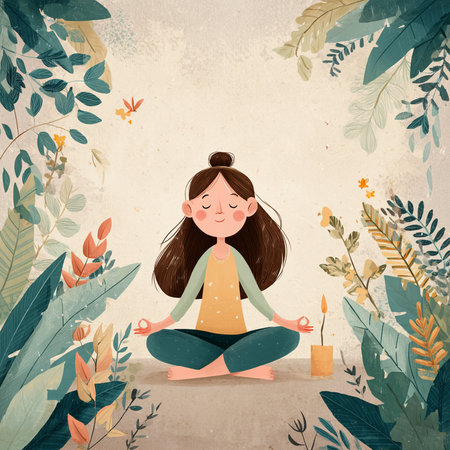 Cute girl meditating in lotus pose. Vector illustration.の素材