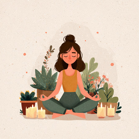 Young woman meditating in lotus position. Vector illustration in flat style.の素材