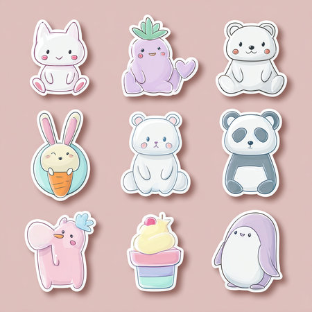 Set of cute cartoon animals stickers. Vector illustration on pink background.の素材