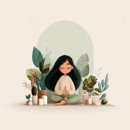 Girl meditating in lotus position. Vector illustration in a flat style.の素材