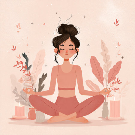 Vector illustration of a woman meditating in lotus position on the background of leaves.の素材