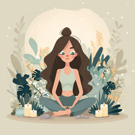 Beautiful girl meditating in the lotus position. Vector illustration.の素材