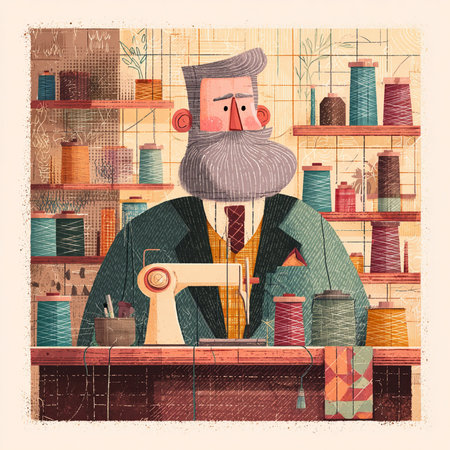 Sewing workshop. Vector illustration of a tailor in his workshop.の素材
