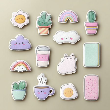 Cute hand drawn stickers with different shapes and colors. Vector illustration.の素材