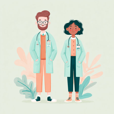 Doctor and nurse standing in front of plants. Cartoon vector illustration.の素材