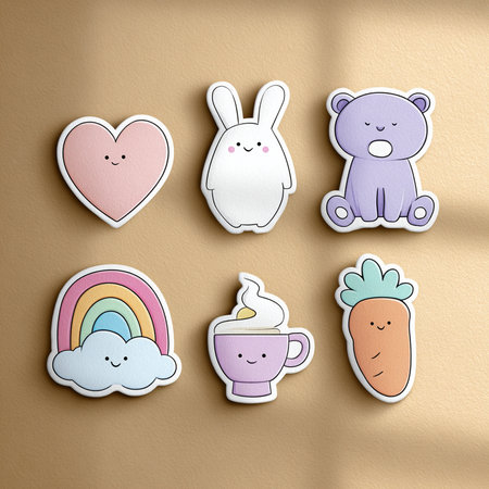 Cute hand drawn stickers on beige wall with teddy bear, rainbow and cup of coffeeの素材