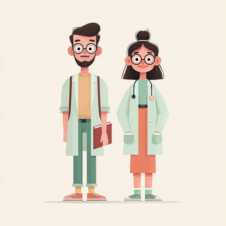 Male and female doctors cartoon characters. Vector illustration in flat style.の素材