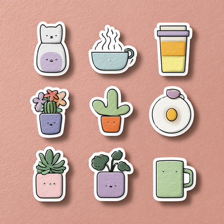 Cute stickers with cactus and cup of coffee. Vector illustration.の素材