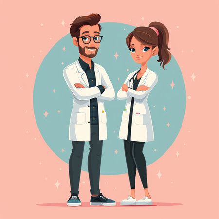 Vector cartoon male and female doctors with stethoscopes. Medicine conceptの素材