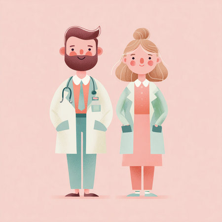 Couple of doctors. Vector illustration in cartoon style on pink background.の素材