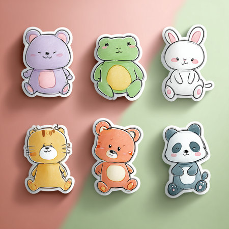 cute cartoon animals stickers set, vector illustration eps10.の素材