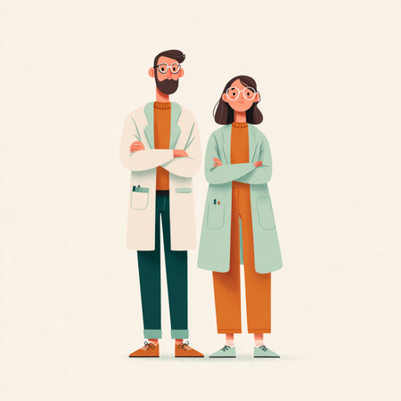 Male and female doctors standing with crossed arms. Vector illustration in cartoon style.の素材