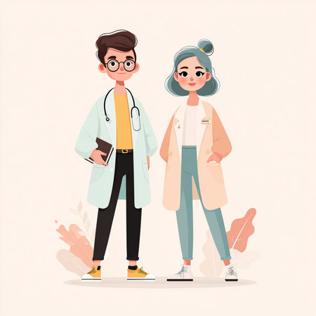 Male and female doctors cartoon characters. Vector illustration in flat style.の素材
