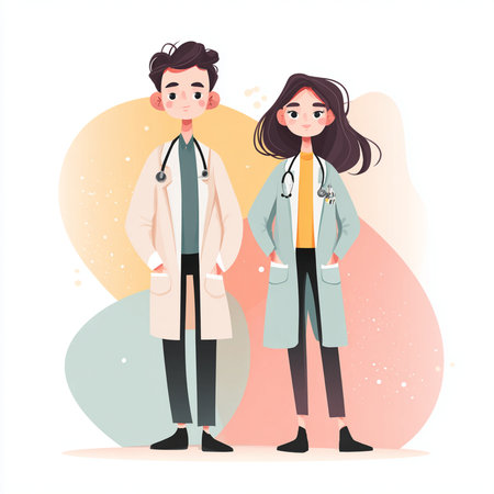 Male and female doctors standing with stethoscopes. Flat style vector illustration.の素材