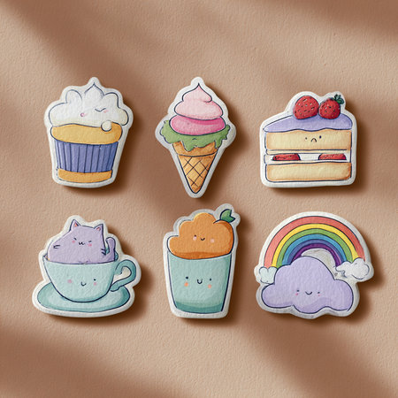 Set of stickers with cakes, ice cream, cupcake, rainbow and cloudsの素材