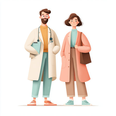 Vector illustration of a couple of doctors in coats and medical masks.の素材